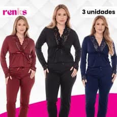 Kit C/3 Pijamas Feminino De Frio Em Liganete Com Renda Luxo