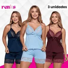 Kit C/3 Pijamas Baby Doll Sensual Liso Em Liganete Com Renda