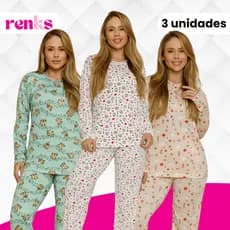 Kit C/3 Pijamas De Frio Manga Longa Em Suede Macio Estampado