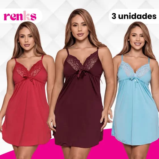 Kit C/3 Camisola Lisa Sem Bojo Em Liganete Com Renda Sensual