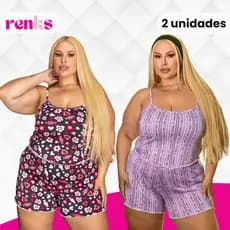 Kit com 2 Pijamas Baby Doll Plus Size Grande Curto Calor Estampado Ondinha