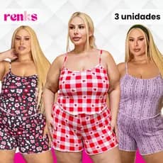Kit com 3 Pijamas Baby Doll Plus Size Grande Curto Calor Estampado Ondinha