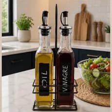 GALHETEIRO DE VIDRO COM SUPORTE ARAMADO - AZEITE E VINAGRE - 250 ML CADA