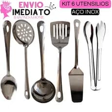 Jogo de Utensílios Para Cozinha Kit 6 Peças Aço Inox Colher de Servir Concha de Feijão Escumadeira Espátulas Pegador