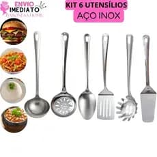 Kit Utensílios Para Cozinha 6 Pecas Aço Inox Colher de Servir Concha de Feijão Escumadeira Espátulas Concha Massas
