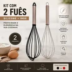 Kit 2 Fuês Batedores Manuais Premium Silicone e Aço Inox – Preto e Inox | Misturador para Bolos, Massas e Molhos