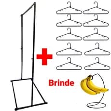 Arara de Roupas p/ Loja e Closet + 10 Cabides Resistentes + Fruteira com Gancho em Aço para Cacho de Bananas de Brinde