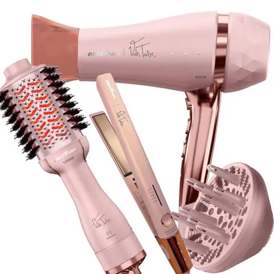 Secador De Cabelo Britania Profissional 2100w Ion Tubi Prancha Titanium 450f Progressiva Rosa Bs04 Escova 3 Em 1 Tube