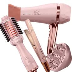Secador De Cabelo Britania Profissional 2100w Ion Tubi Prancha Titanium 450f Progressiva Rosa Bs04 Escova 3 Em 1 Tube