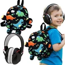 Kit Abafador Ruído Preto com Mini Mochila Preta Dino 3D Proteção Auditiva Infantil Ajustável Confortável Leve Escola