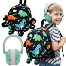Kit Abafador Ruído Verde + Mochilinha Preta Dino 3D Crianças Proteção Auditiva Infantil Ajustável Confortável Leve