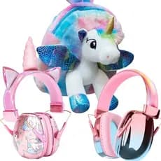 Abafador Ruído Infantil Rosa Metálico + Mochila Unicórnio 3D Proteção Auditiva Crianças Sensível Ouvidos Ajuste