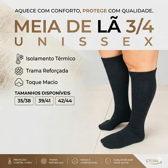 Meia Térmica 3/4 Lã Acrílica com Elastano Fibra Forte – Alta Durabilidade e Conforto
