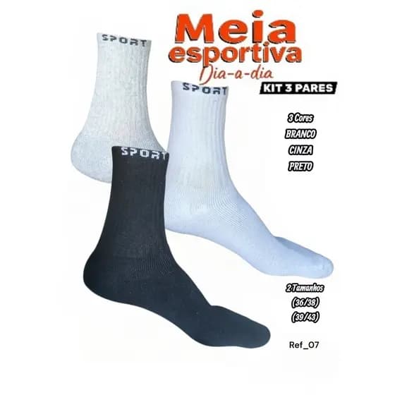 Meias de Algodão atoalhado Cano Alto Sport Kit 3 pares Preta/Branca e Cinza
