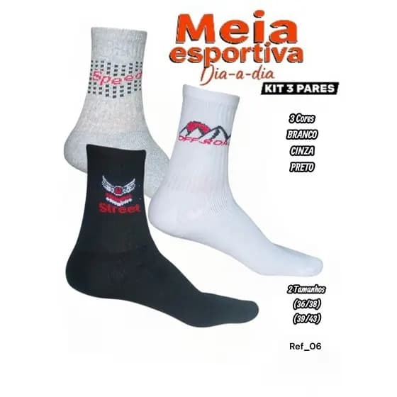 Meias De Algodão Atoalhado Cano Alto Esportiva Speed Street Off Road Kit 3 Pares