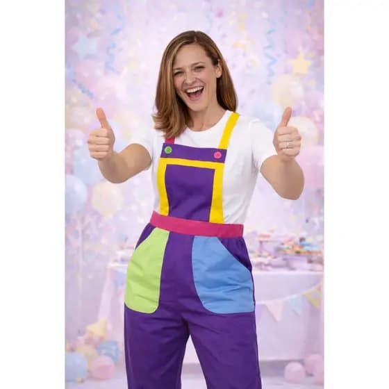 Macacão roxo para recreação e buffets infantis