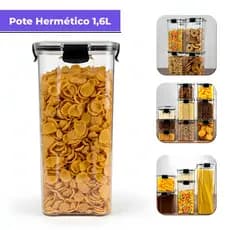 Kit 4 Potes Herméticos 1,6L Acrílico Cristal com Trava Reforçada Vedação Total