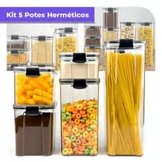 Kit 5 Potes Herméticos Empilháveis 500ml a 2,2L Vedados com Trava Reforçada