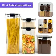 Kit 4 Potes Herméticos 2,2L 1,6L 1L 500ml com Trava Reforçada 100% Vedado