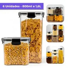 Kit 6 Potes Herméticos 2 Potes 1,6L + 4 POTES 800ml Com Trava Reforçada 100%