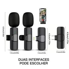 Kit com 2 Microfones de Lapela Sem Fio K9 | Compatível com Tipo-C ou iPhone | Ideal para Vlogs e Lives