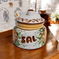Saleiro Esmaltado Tampa P/ Parede Mesa em Cerâmica Porta Condimento Pintado à Mão Cozinha Gourmet