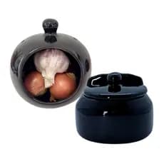 Kit Saleiro E Porta Cebola Alho Preto Cerâmica Cozinha 2 Pçs