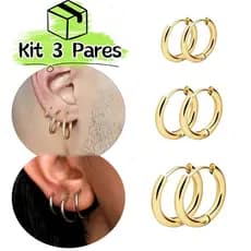 Kit 3 Pares de Argolas Finas em Aço Inoxidável Dourado ou Prata Tamanhos à Escolha