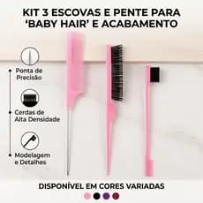 Kit 3 em 1 Profissional Salão Escova + Pente Ponta de Aço + Pincel Duplo Sobrancelha Penteado