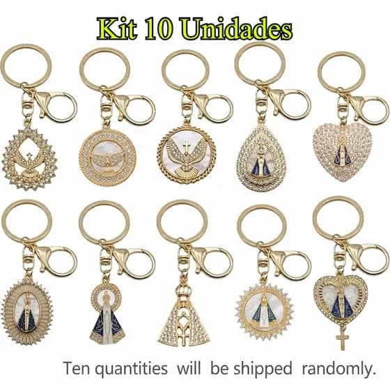 Chaveiro Religioso Nossa Senhora Aparecida Dourado Strass Kit 10 Unidades Lembrancinha Batizado Presente
