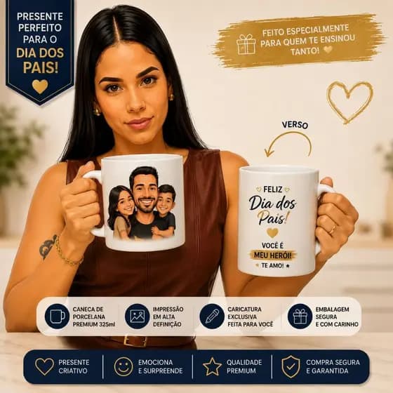 Presente Dia dos Pais | Caneca Personalizada com Foto | Caricatura | Presente Criativo