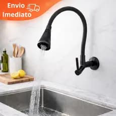 Torneira Cozinha Flexível de Parede Preta Fosca 2 Tipos de Jato Cano Ajustável Flexível 1/4 de Volta