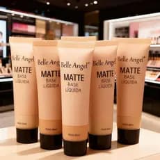Base Líquida Matte Belle Angel Alta Cobertura Toque Seco Longa Duração Efeito Natural Cobre Tudo
