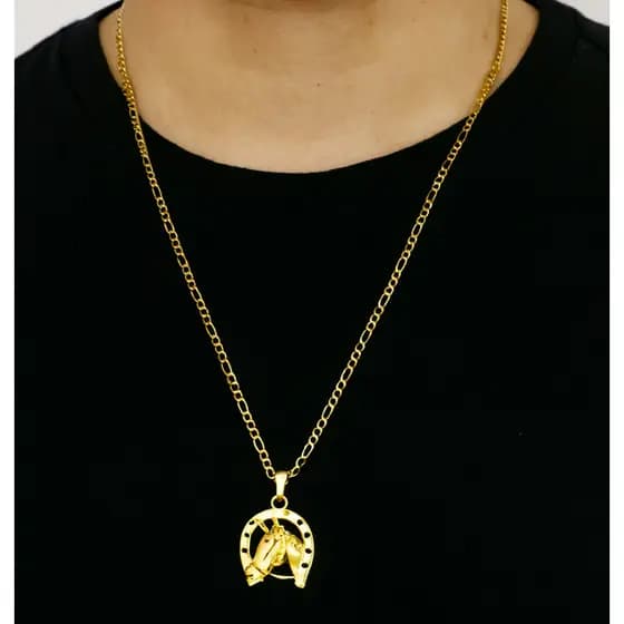 Corrente Cordão 3x1 Masculino + Pingente Cavalo Ferradura Banhados a Ouro 18k Colar Muladeiro