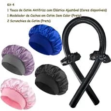 Kit Capilar de Cetim – Touca Antifrizz (Cores Variadas) + Modelador de Cachos Preto com 2 Scrunchies