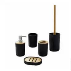 Kit Banheiro Lavabo Luxo 5 Peças Canelado Preto Com Detalhes Em Bambu Dispenser Saboneteira Porta Escova E Escova Sanitá