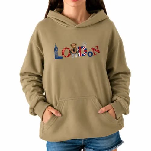 Moletom Com Capuz e Bolso Estampa Londres London Inverno Casual Confortável Blusa Feminina com Capuz