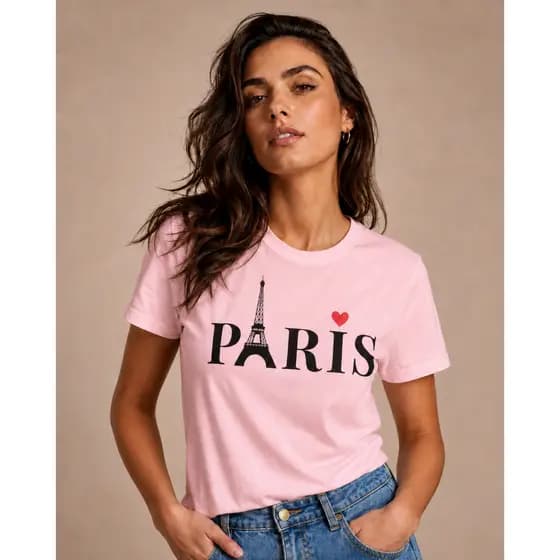 Camiseta Feminina Estampada Paris Torre Eiffel Coração Tshirt Algodão Confortável Blusa Manga Curta