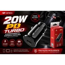 Carregador Veicular USB-C 20W C3Tech UCV-P10BK Power Delivery Turbo iPhone Android