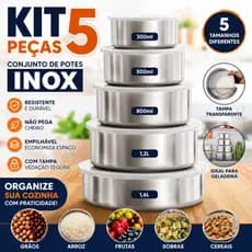 Kit 5 Potes Inox Com Tampa Redondo Porta Alimentos Cozinha Jogo Organizador Cozinha