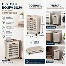 Cestos De Roupa Suja Retrátil Dobrável De Chão Com Rodinhas 46x38x28Cm