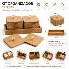 Kit Organizador Com Bandeja MDF Luxo Efeito Palha Decoração Banheiro Casa Escritorio Multiuso