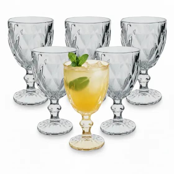Jogo de 6 Taças de Vidro Diamond para Vinho e Água 315ml Conjunto Estilo Diamante Transparente