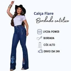 Calça Jeans Feminina Flare Country Cós e Cintura Alta Levanta Bumbum Contry Lycra Elastano Bolsos