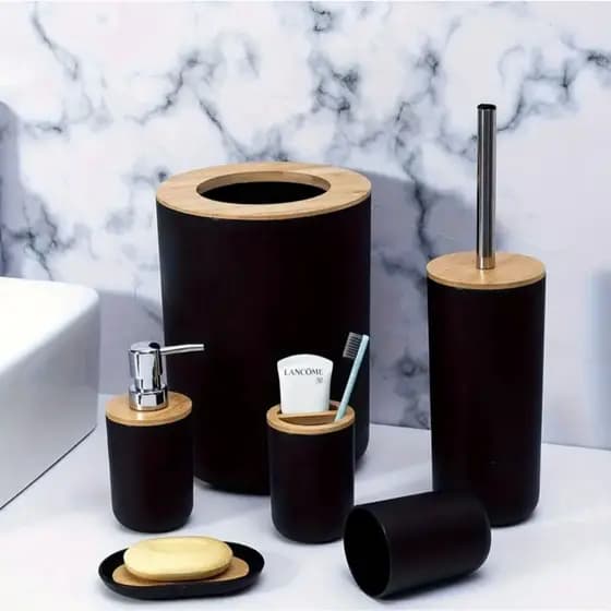 Conjunto Acessórios Banheiro 6 Peças com Detalhes em Bambu – Estilo Rústico e Moderno AliDoLado