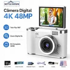 Camera Digital 4K 48MP CCD Zoom Digital 8x Tela Flip 180° Selfie Para Estudantes