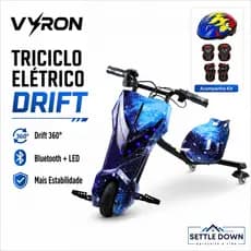 VYRON Triciclo Elétrico Drift 250W Bluetooth LED Rodas 6.5 e 8 Polegadas Infantil e Adulto