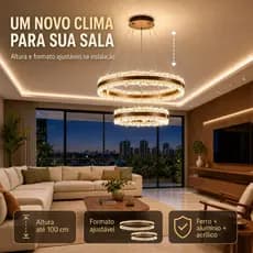 Lustre Pendente LED 2 Anéis Dourado 60x40cm 3 Cores Dimerizável Bivolt para Sala e Jantar