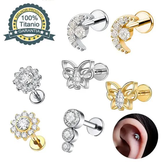 Piercing Labret 100% Titânio com Zircônia Helix, Tragus, Conch, Nariz, Boca-Medusa e Outros Hipoalergênica Piercing Orel