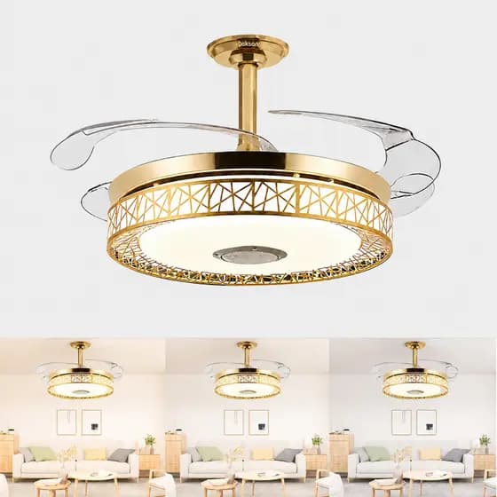 Lustre Ventilador de Teto Retrátil Dourado com Controle Remoto Com Música e caixa de Som - Bivolt